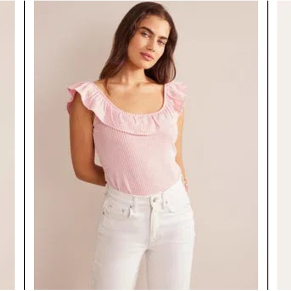 Boden Pink Red White Ruffled Off Shoulder Ribbed Top Blouse Seersucker Stripe 6 - Picture 2 of 9